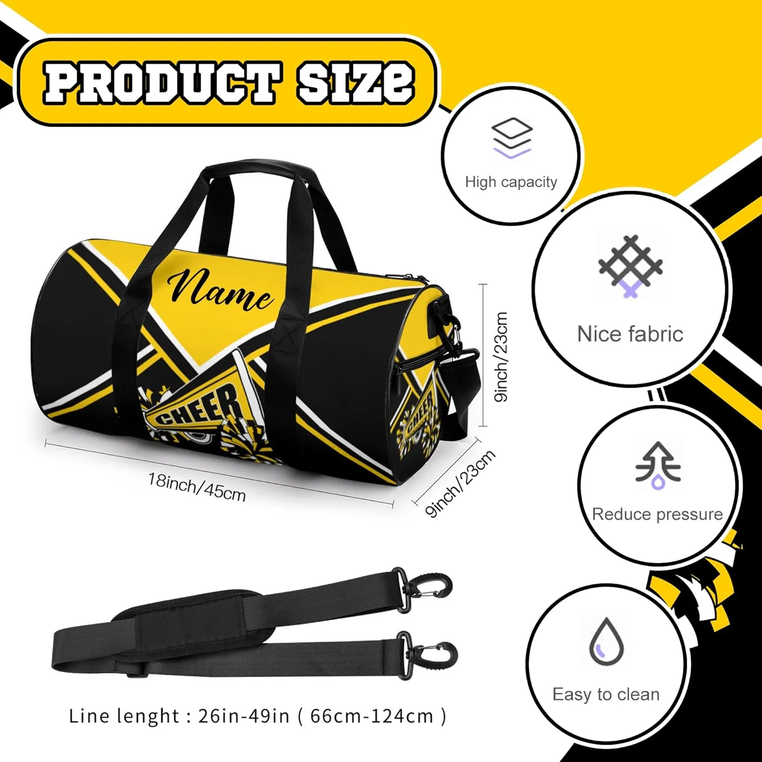 Custom Cheer Bags for Cheerleaders, Personalized Cheerleading Bag with Name Sports Duffle Bag Gym Travel Perform Training Bag (Gold)