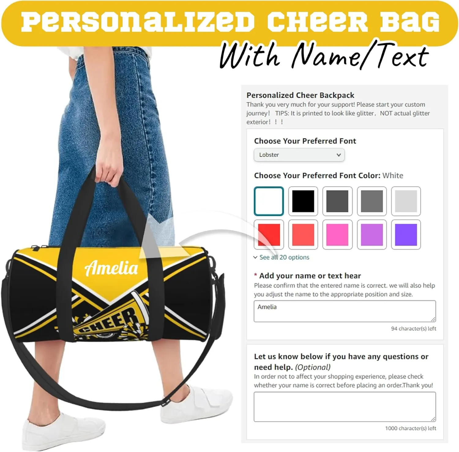 Custom Cheer Bags for Cheerleaders, Personalized Cheerleading Bag with Name Sports Duffle Bag Gym Travel Perform Training Bag (Gold)