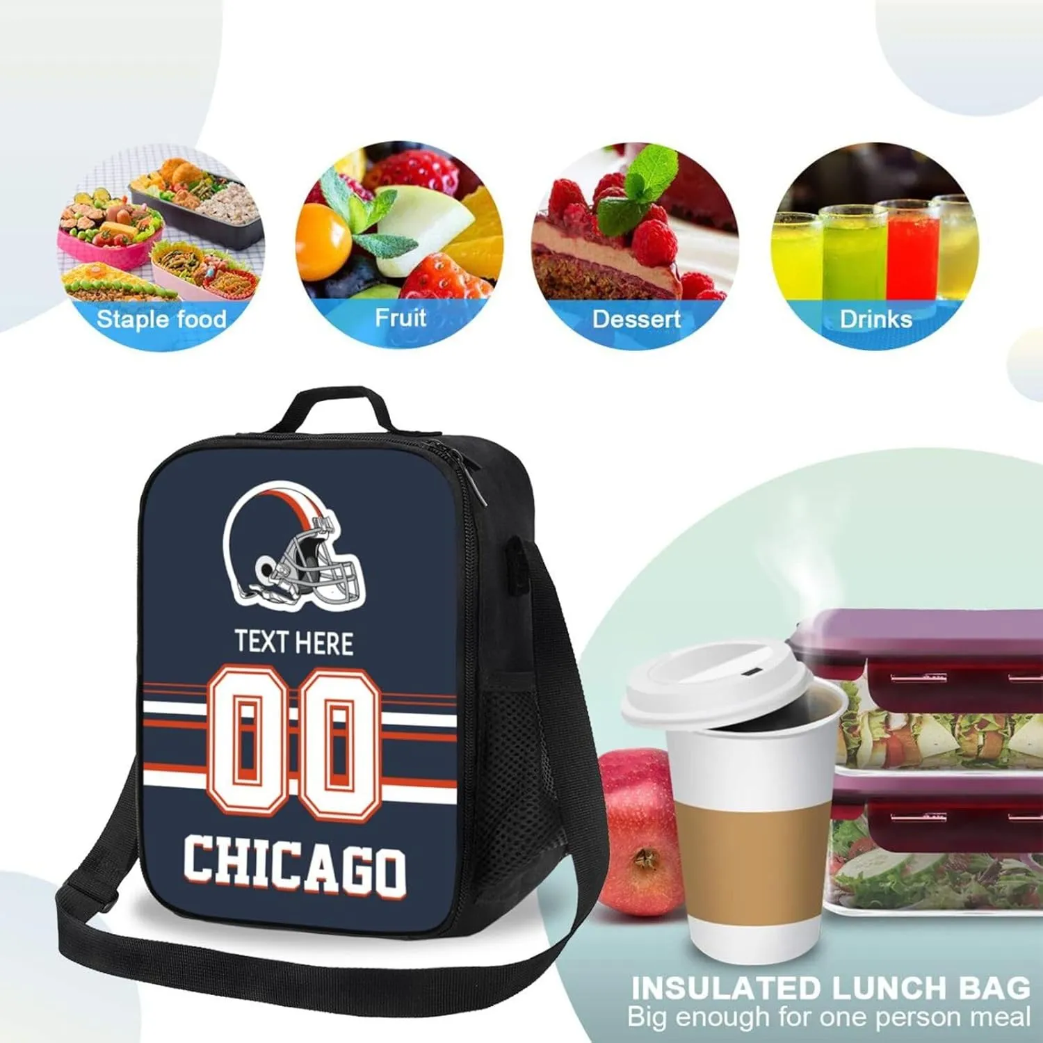 Custom Chicago Lunch Bag Gifts For Men Women Fans, Personalized Name And Number Lunch Box Adjustable Shoulder Straps Insulated Lunch Bags For Work Picnic Travel