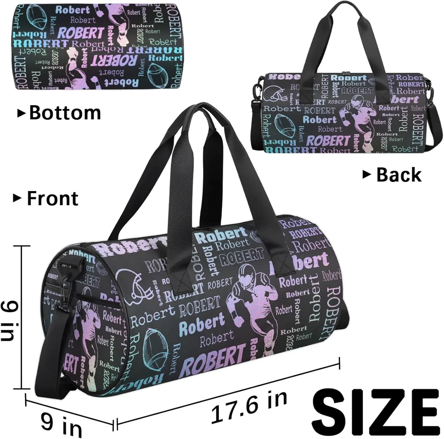 Custom Football Sport Bags Personalized Sports Gym Bag with Name Overnight Weekender Duffel Bag Customized Rugby Gifts for Women Men, Blue Purple