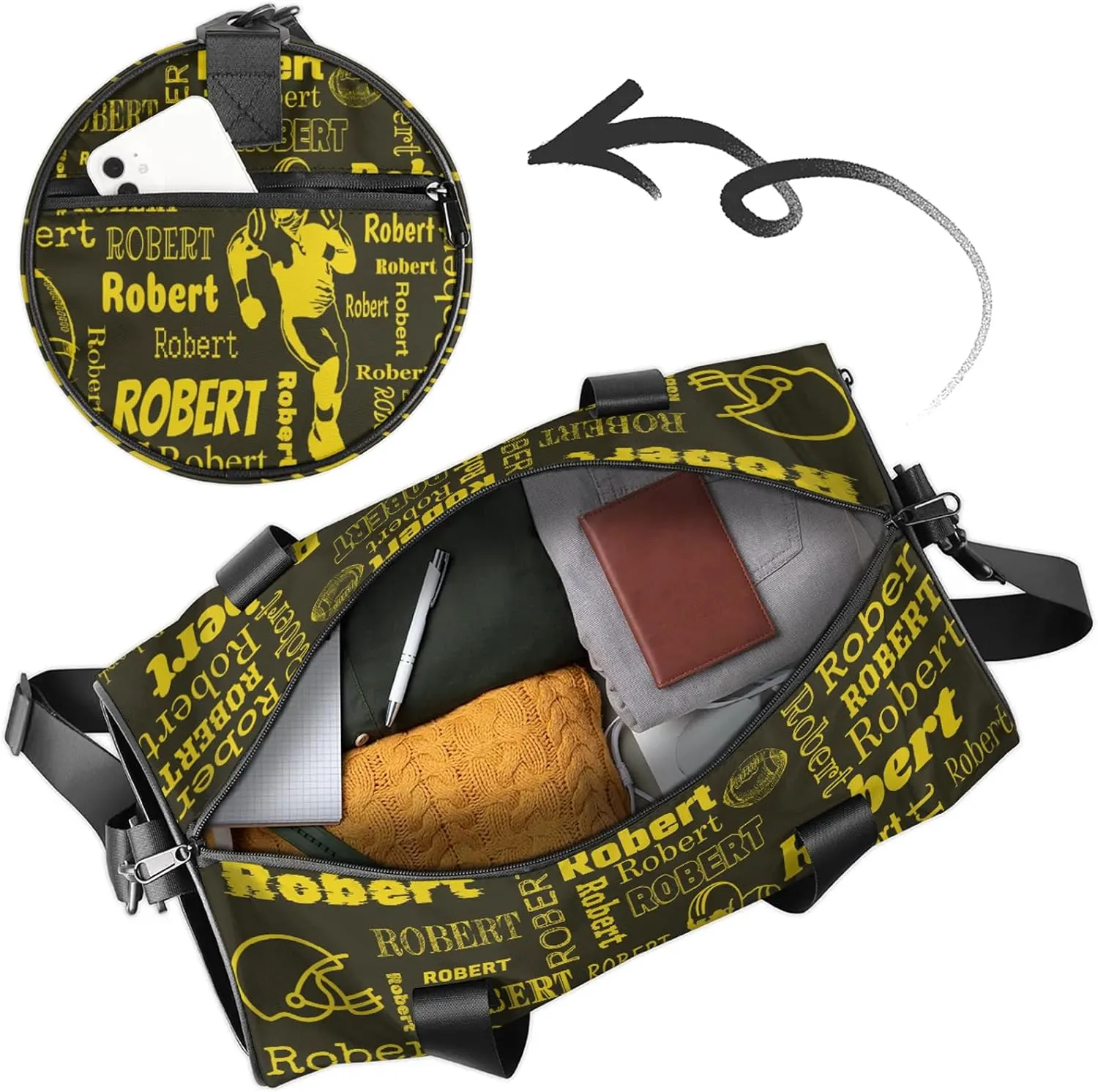 Custom Football Sport Bags Personalized Sports Gym Bag with Name Overnight Weekender Duffel Bag Customized Rugby Gifts for Women Men, Gold