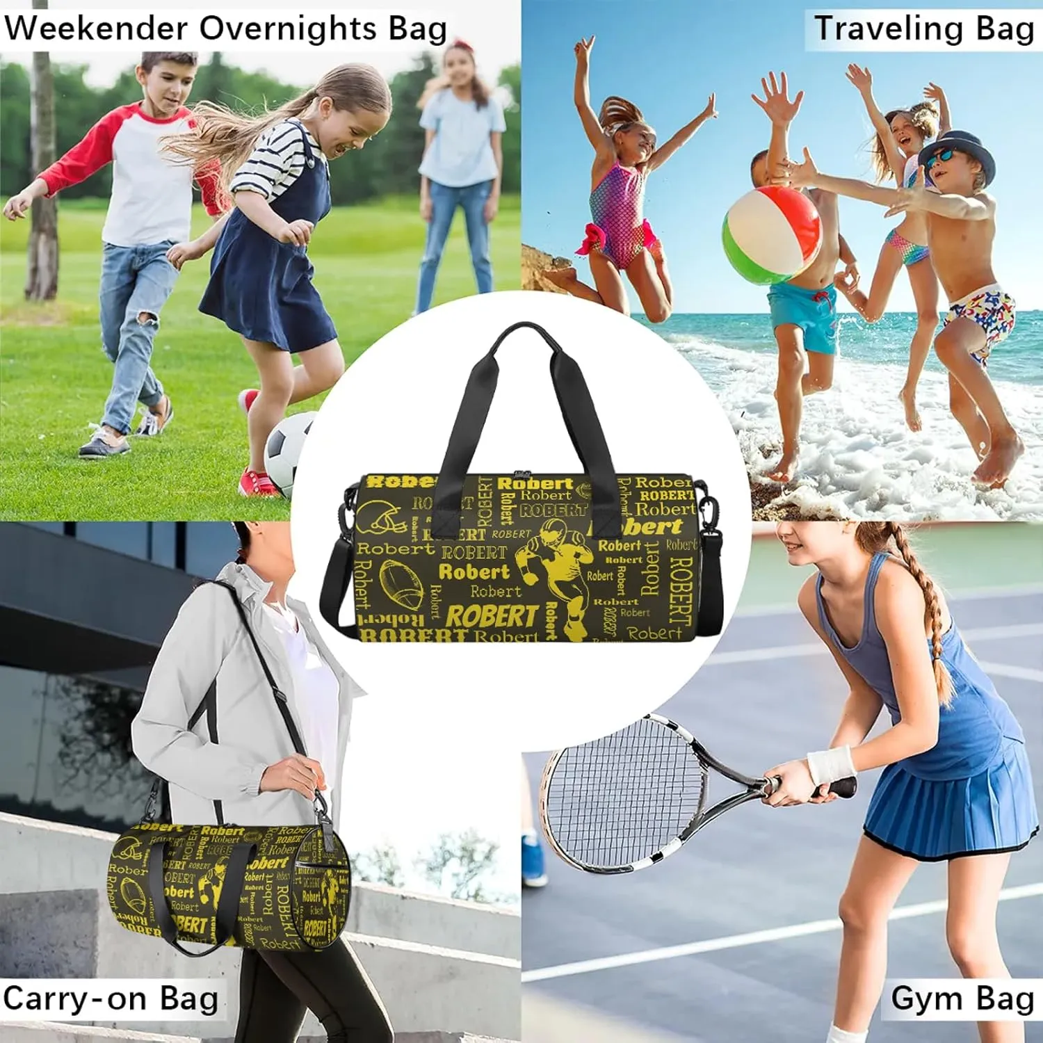 Custom Football Sport Bags Personalized Sports Gym Bag with Name Overnight Weekender Duffel Bag Customized Rugby Gifts for Women Men, Gold