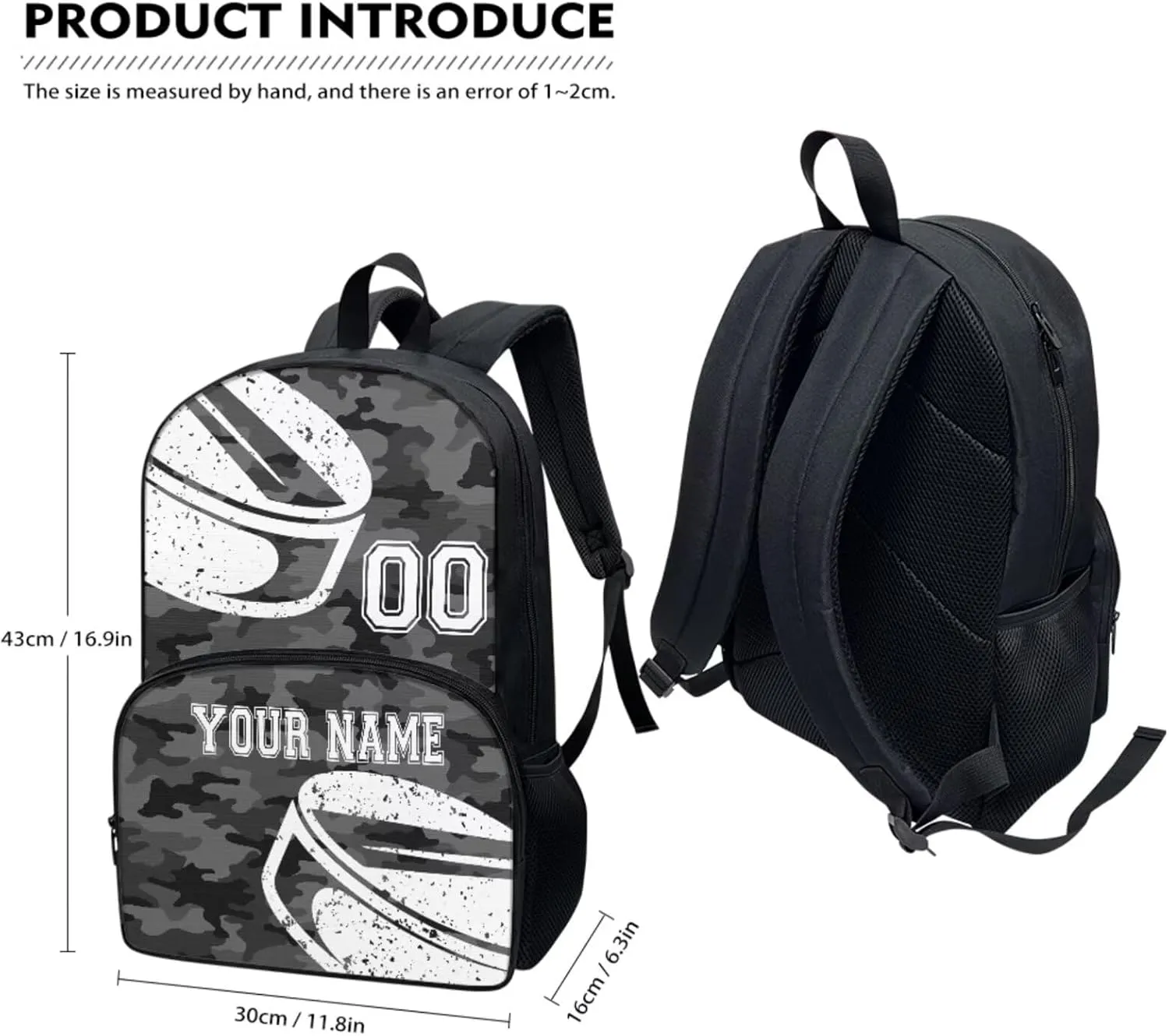 Custom Hockey Ball Grey Camo School Bag for Toddler Boys Girls Waterproof Travel Backpack Bookbags Lunch Box Pencil Bags Schoolbag Rucksack Water Bottle Carrier Bag Knapsack Set 4 In 1