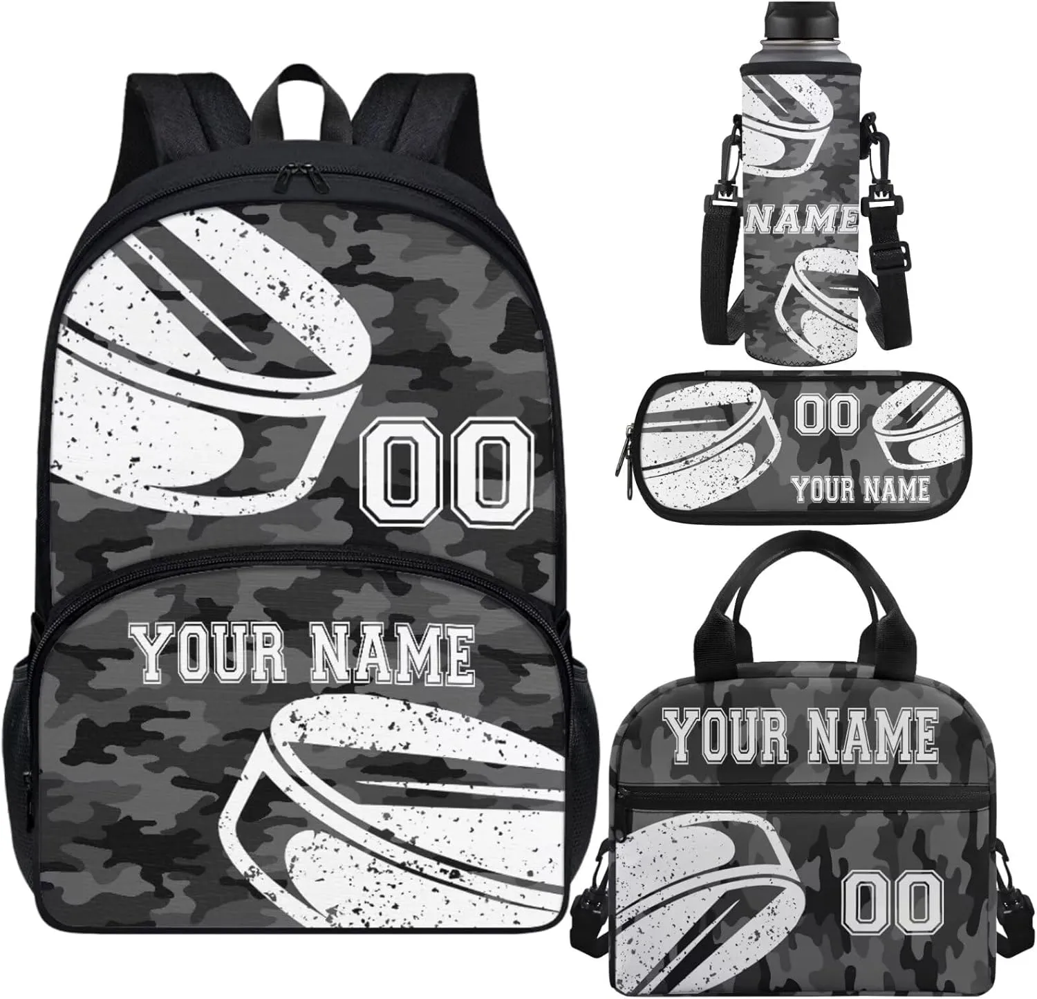 Custom Hockey Ball Grey Camo School Bag for Toddler Boys Girls Waterproof Travel Backpack Bookbags Lunch Box Pencil Bags Schoolbag Rucksack Water Bottle Carrier Bag Knapsack Set 4 In 1
