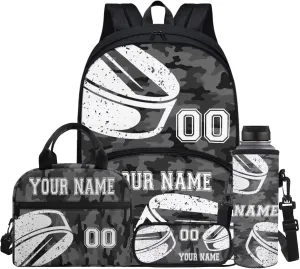 Custom Hockey Ball Grey Camo School Bag for Toddler Boys Girls Waterproof Travel Backpack Bookbags Lunch Box Pencil Bags Schoolbag Rucksack Water Bottle Carrier Bag Knapsack Set 4 In 1
