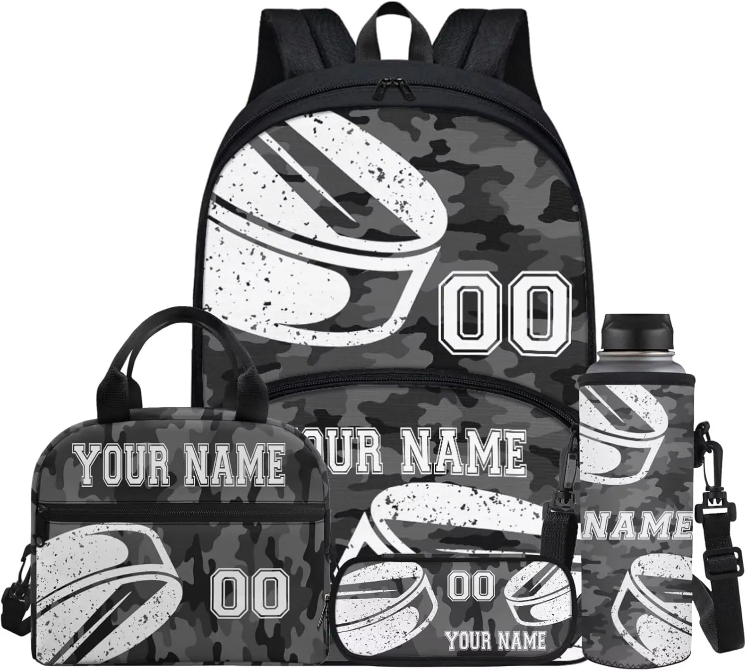 Custom Hockey Ball Grey Camo School Bag for Toddler Boys Girls Waterproof Travel Backpack Bookbags Lunch Box Pencil Bags Schoolbag Rucksack Water Bottle Carrier Bag Knapsack Set 4 In 1