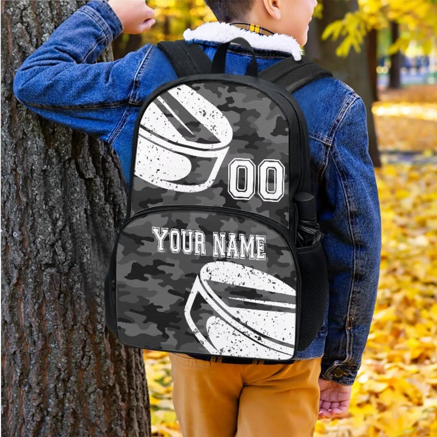 Custom Hockey Ball Grey Camo School Bag for Toddler Boys Girls Waterproof Travel Backpack Bookbags Lunch Box Pencil Bags Schoolbag Rucksack Water Bottle Carrier Bag Knapsack Set 4 In 1
