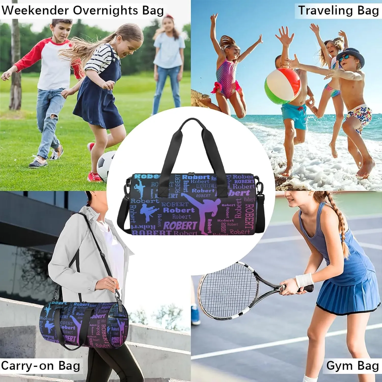 Custom Karate Sport Bags Personalized Sports Gym Bag with Name Overnight Weekender Duffel Bag Customized Gifts for Women Men, Blue Pink