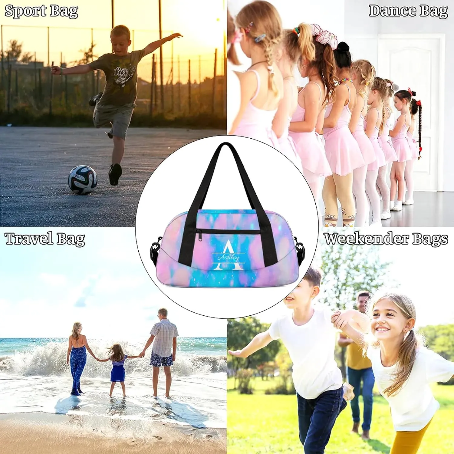 Custom Sports Duffel Bag Personalized Name Dance Gym Bag for Women Men Overnight Weekender Travel Duffel Bags Lightweight 18.5in, Blue Pink Glitter
