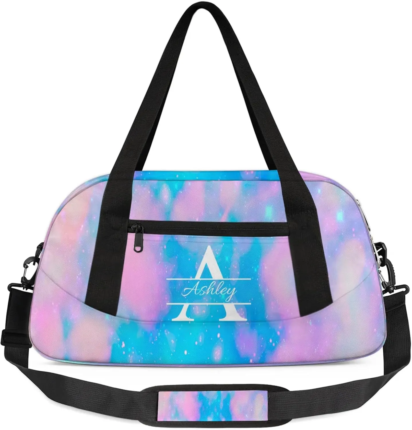 Custom Sports Duffel Bag Personalized Name Dance Gym Bag for Women Men Overnight Weekender Travel Duffel Bags Lightweight 18.5in, Blue Pink Glitter