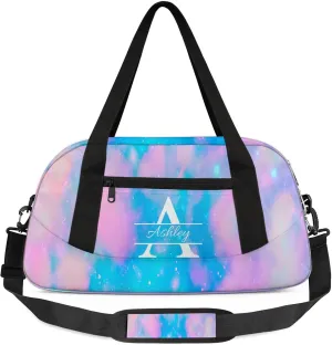 Custom Sports Duffel Bag Personalized Name Dance Gym Bag for Women Men Overnight Weekender Travel Duffel Bags Lightweight 18.5in, Blue Pink Glitter