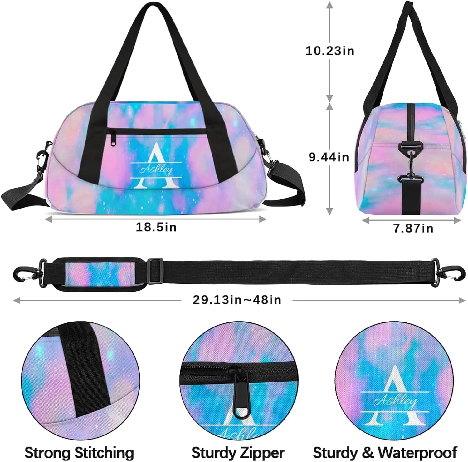 Custom Sports Duffel Bag Personalized Name Dance Gym Bag for Women Men Overnight Weekender Travel Duffel Bags Lightweight 18.5in, Blue Pink Glitter