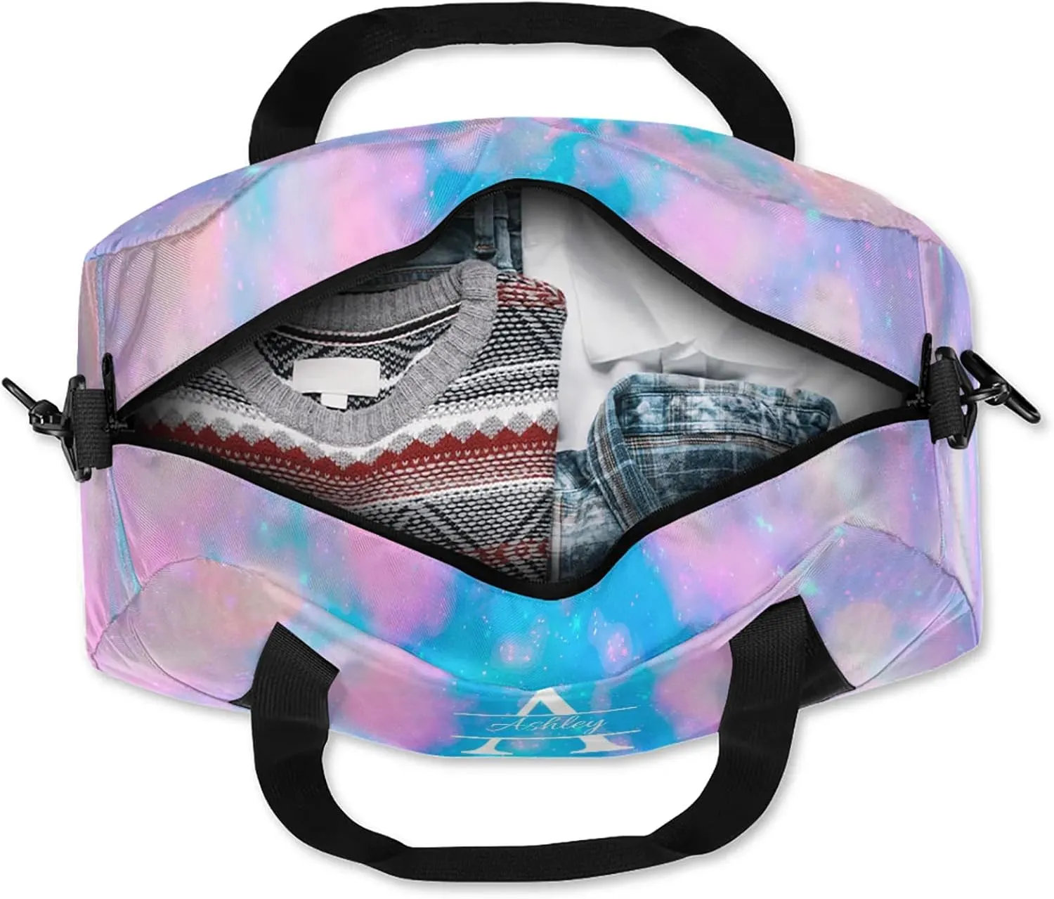 Custom Sports Duffel Bag Personalized Name Dance Gym Bag for Women Men Overnight Weekender Travel Duffel Bags Lightweight 18.5in, Blue Pink Glitter