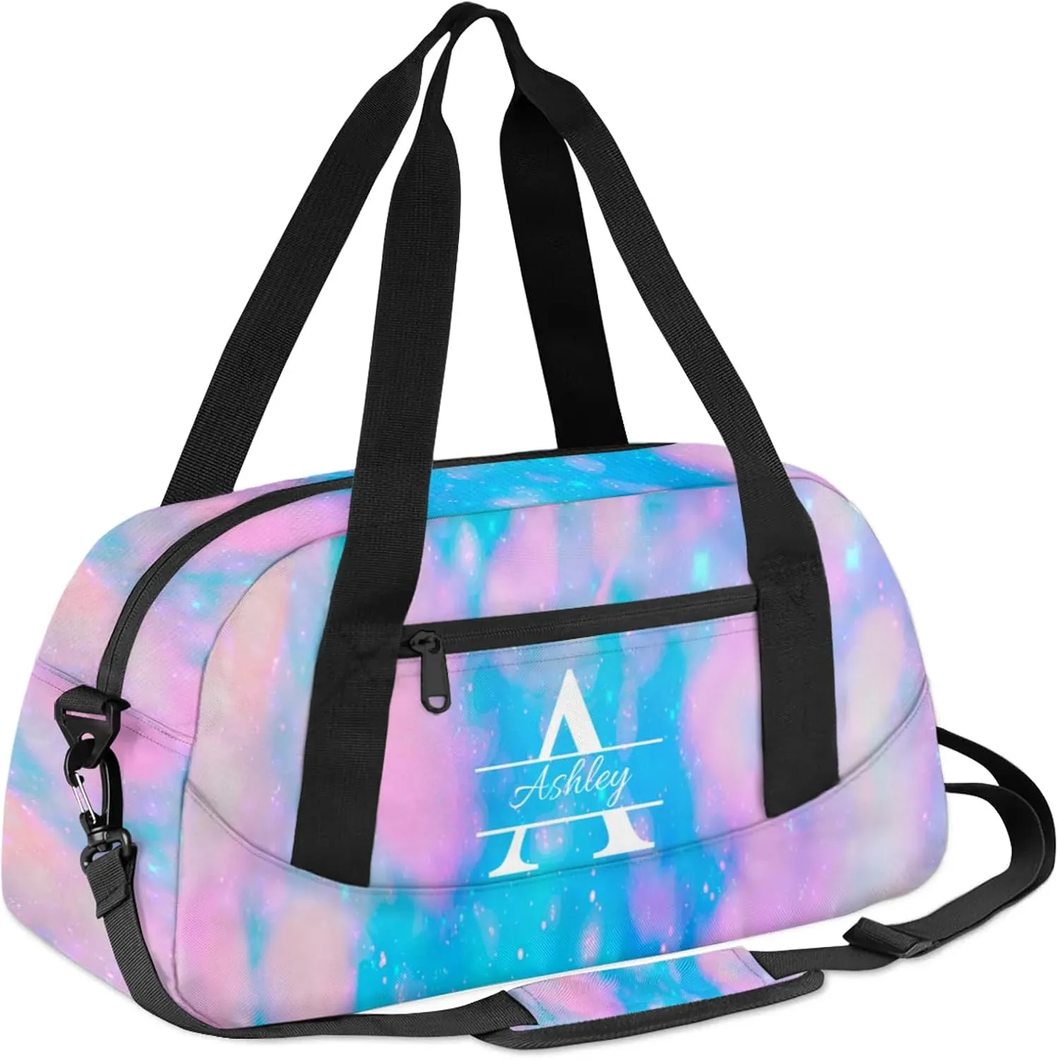 Custom Sports Duffel Bag Personalized Name Dance Gym Bag for Women Men Overnight Weekender Travel Duffel Bags Lightweight 18.5in, Blue Pink Glitter