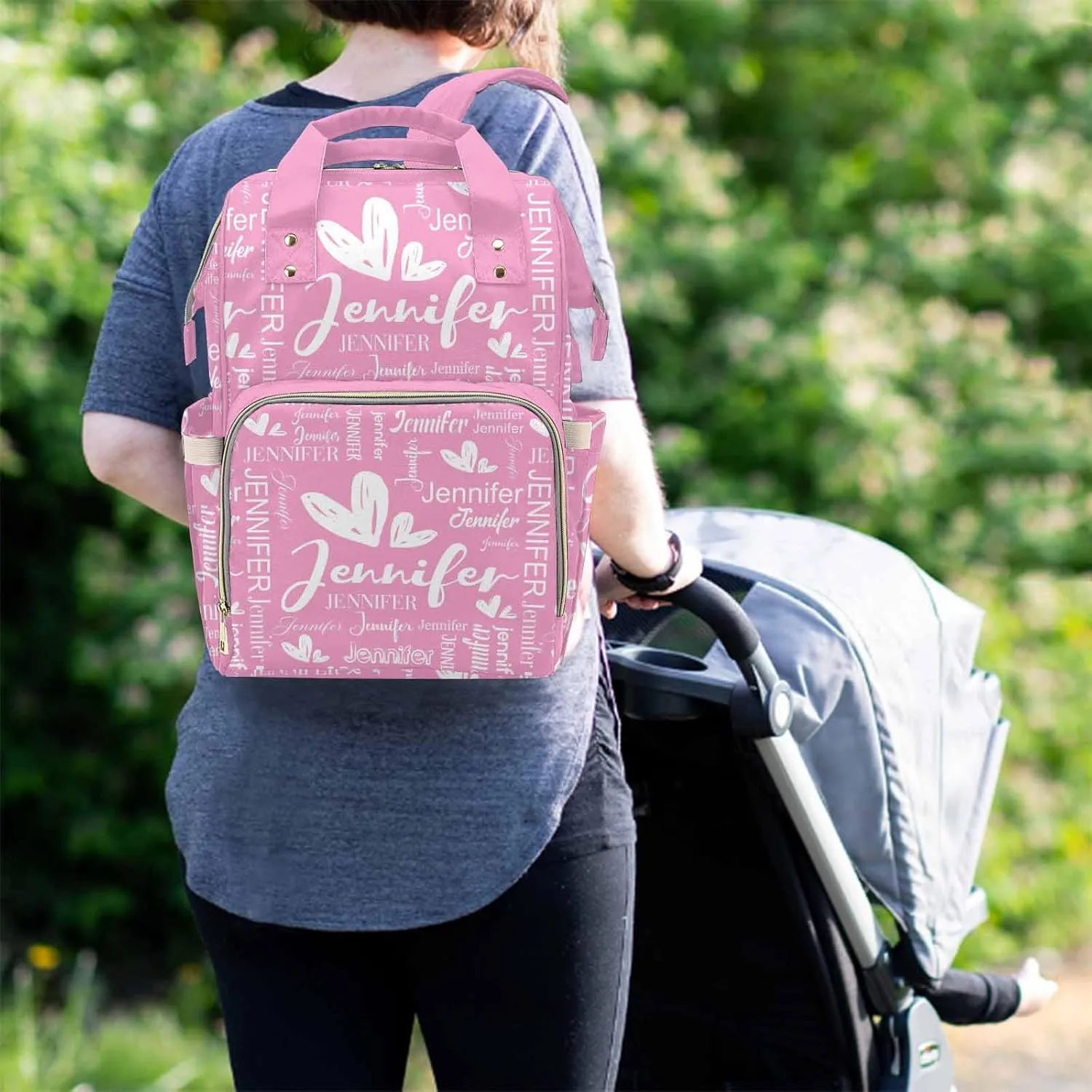 Customized Diaper Bag Large Capacity Nappy Backpack Baby Bag for Girls Boys Monogrammed Heart Name, Customized Mommy Bag with Name for Baby Girl Outdoor Mother's Day