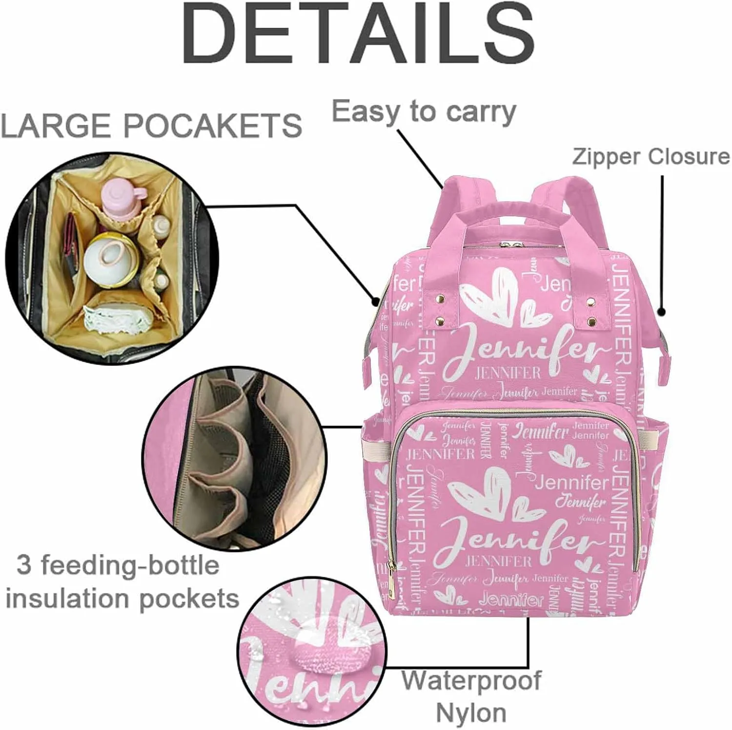 Customized Diaper Bag Large Capacity Nappy Backpack Baby Bag for Girls Boys Monogrammed Heart Name, Customized Mommy Bag with Name for Baby Girl Outdoor Mother's Day