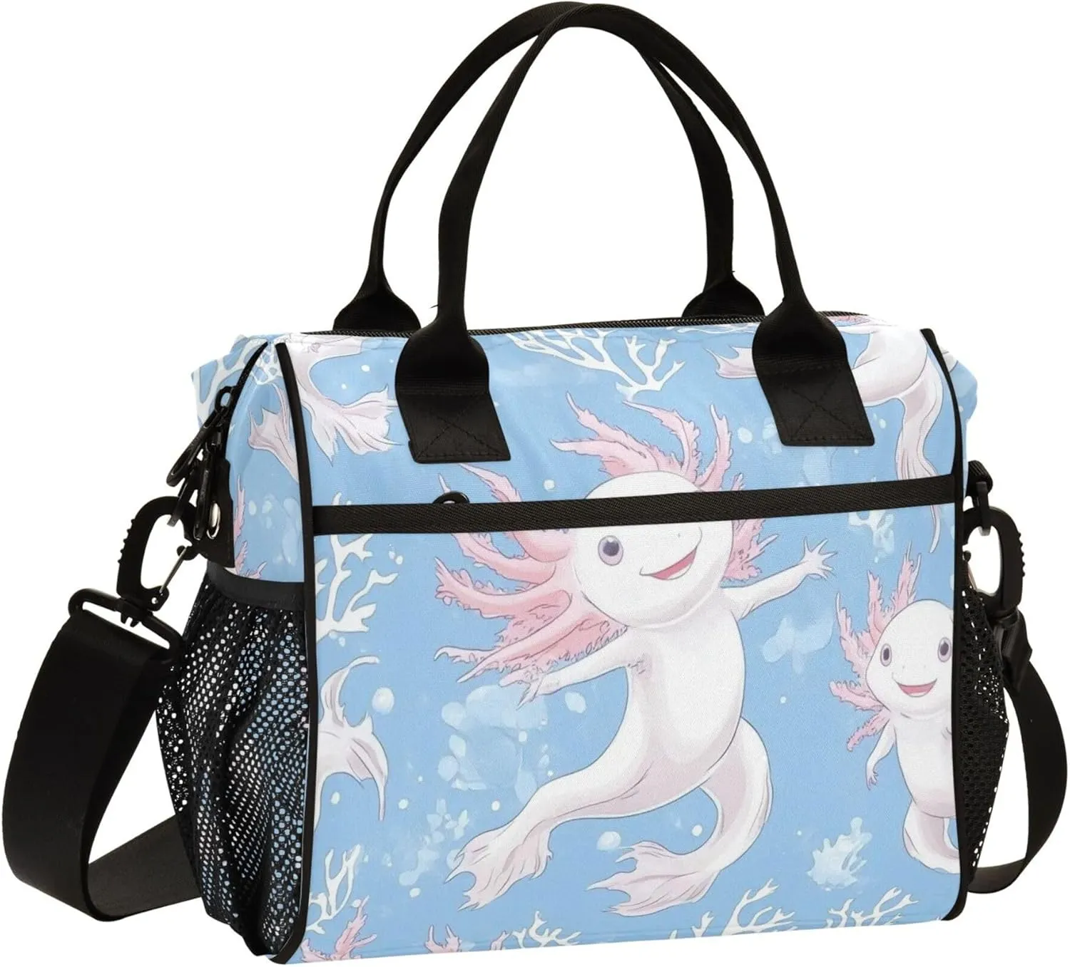 Cute and Pink Axolotls Algae Large Lunch Tote Bag Insulated Lunch Boxes with Adjustable Shoulder Strap