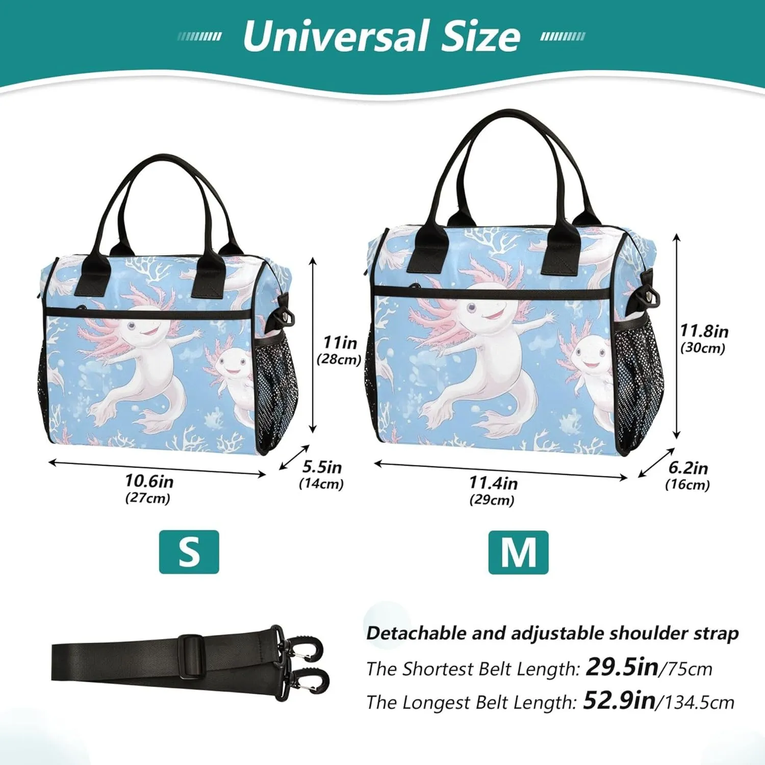 Cute and Pink Axolotls Algae Large Lunch Tote Bag Insulated Lunch Boxes with Adjustable Shoulder Strap