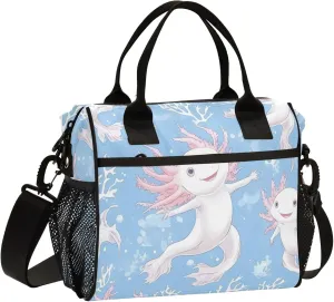 Cute and Pink Axolotls Algae Large Lunch Tote Bag Insulated Lunch Boxes with Adjustable Shoulder Strap