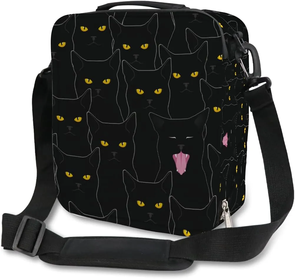 Cute Black Cat Kids Lunch Bag for Boy Girl Kitten Insulated Lunch Box Cooler Lunch Tote Bag Thermal Bag with Adjustable Shoulder Strap for School Work Picnic