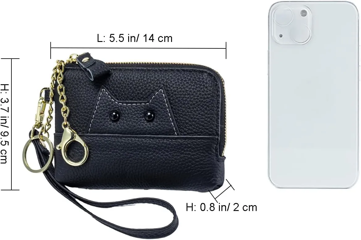 Cute Cat Small Coin Purse Zipper Wristlet Purses for Women Minimalist Change Purse With Keychain Compact Leather Wallet for Credit Card Cosmetic Jewelry (Black)