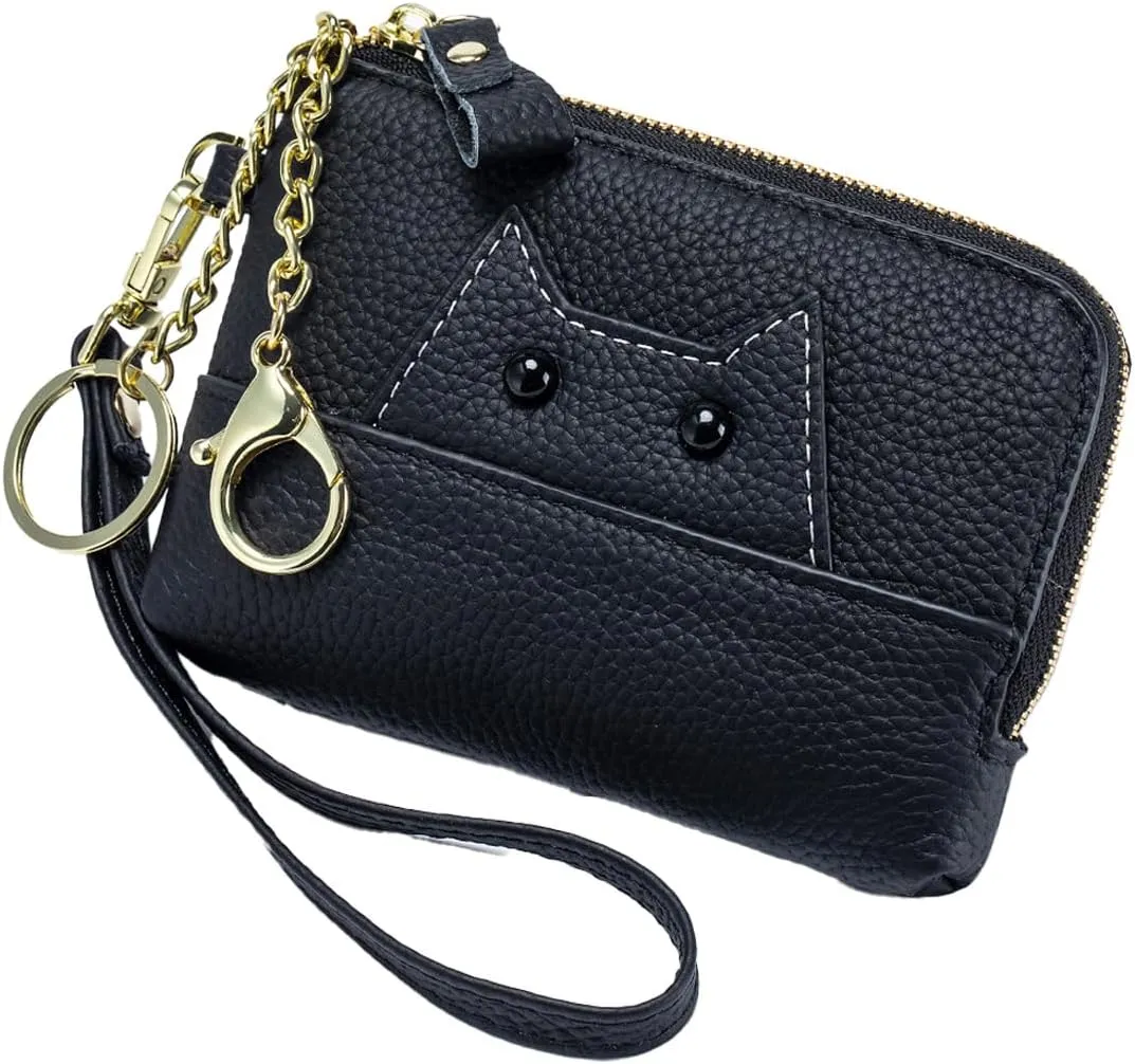 Cute Cat Small Coin Purse Zipper Wristlet Purses for Women Minimalist Change Purse With Keychain Compact Leather Wallet for Credit Card Cosmetic Jewelry (Black)