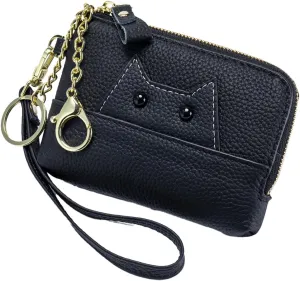 Cute Cat Small Coin Purse Zipper Wristlet Purses for Women Minimalist Change Purse With Keychain Compact Leather Wallet for Credit Card Cosmetic Jewelry (Black)