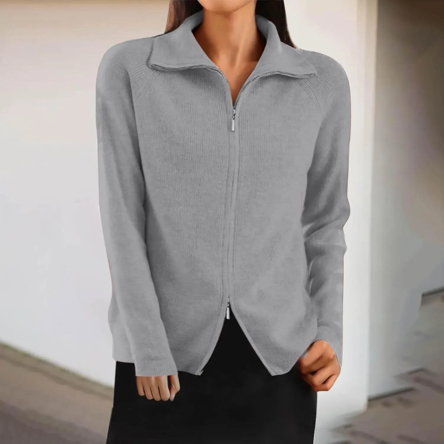 Cute Fall Sweaters for Women Trendy Long Sleeve Zip Up Collared Sweater Jackets Ribbed Knit Pullover Jumper
