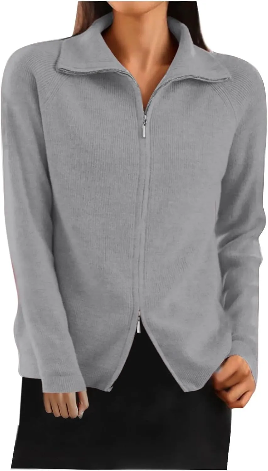 Cute Fall Sweaters for Women Trendy Long Sleeve Zip Up Collared Sweater Jackets Ribbed Knit Pullover Jumper