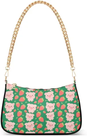 Cute Strawberry Pig Tote Bag Shoulder Bag Hobo Handbag for Women Ladies Mini Clutch Purse with Zipper Closure