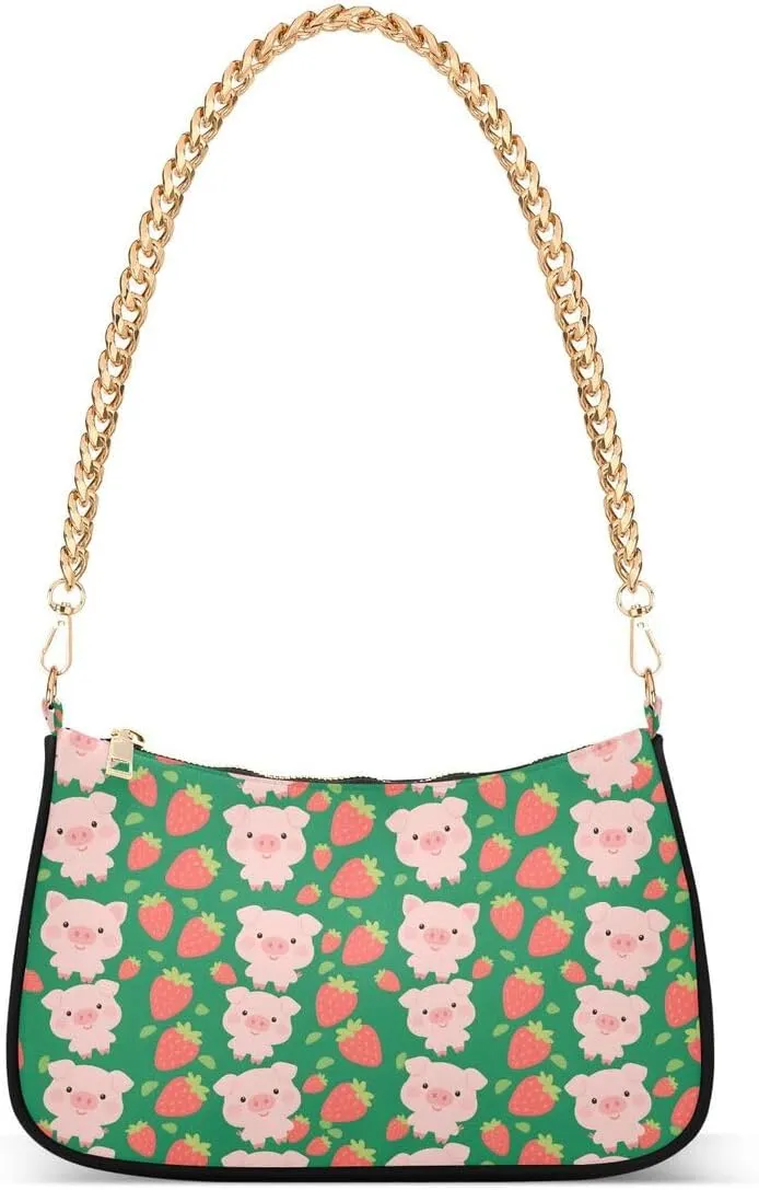 Cute Strawberry Pig Tote Bag Shoulder Bag Hobo Handbag for Women Ladies Mini Clutch Purse with Zipper Closure