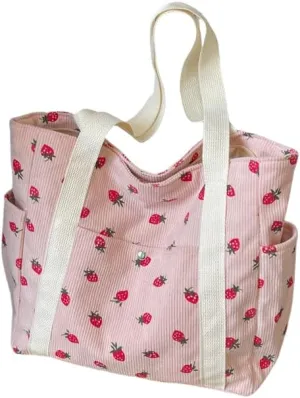 Cute Tote Bag for Women, Strawberry Purse Aesthetic Corduroy Hobo Bag Large Capacity Shopping Work Bag Handbags