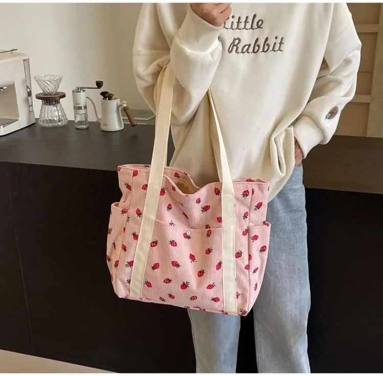 Cute Tote Bag for Women, Strawberry Purse Aesthetic Corduroy Hobo Bag Large Capacity Shopping Work Bag Handbags