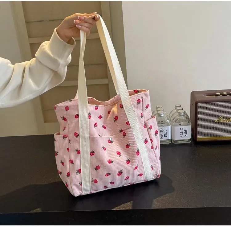 Cute Tote Bag for Women, Strawberry Purse Aesthetic Corduroy Hobo Bag Large Capacity Shopping Work Bag Handbags