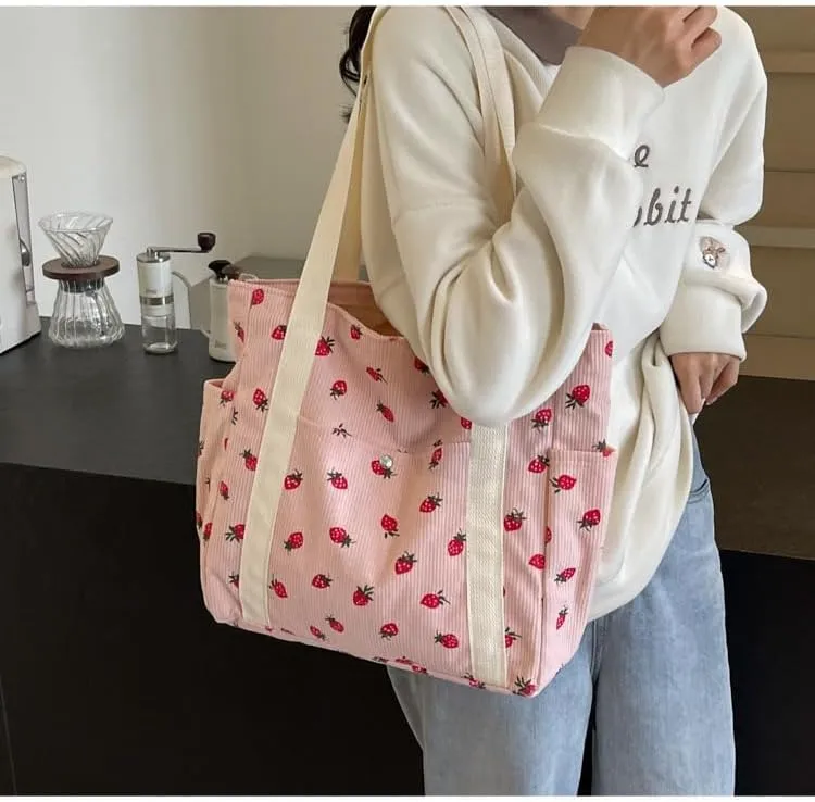Cute Tote Bag for Women, Strawberry Purse Aesthetic Corduroy Hobo Bag Large Capacity Shopping Work Bag Handbags