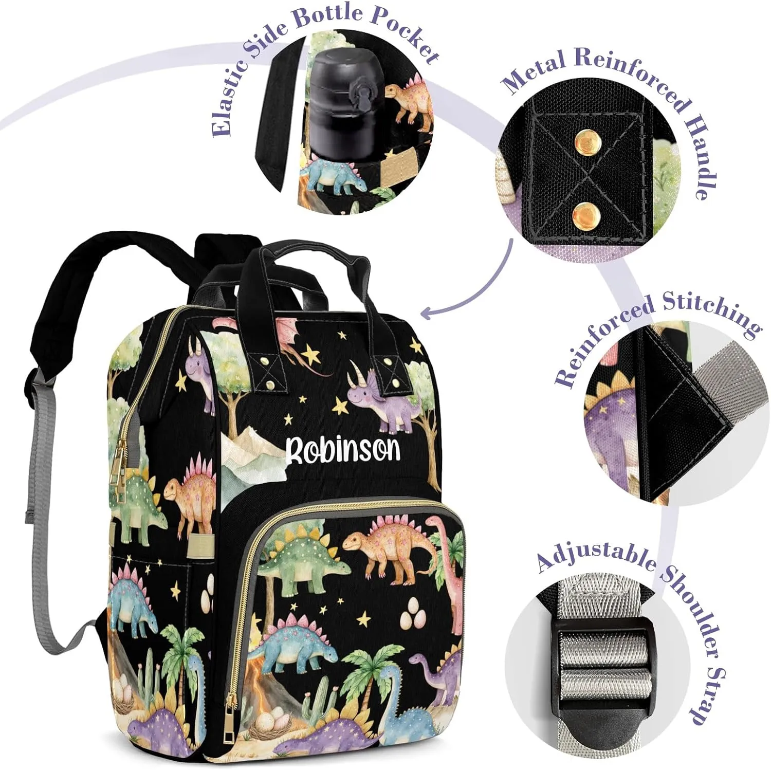 Cute Tropical Dinosaur Large Capacity Custom Diaper Bag for Baby Boy Girl Waterproof Personalized Name Diaper Bag Backpack with Multi-Pocket Customized Mom Travel Daypack for Baby Essentials