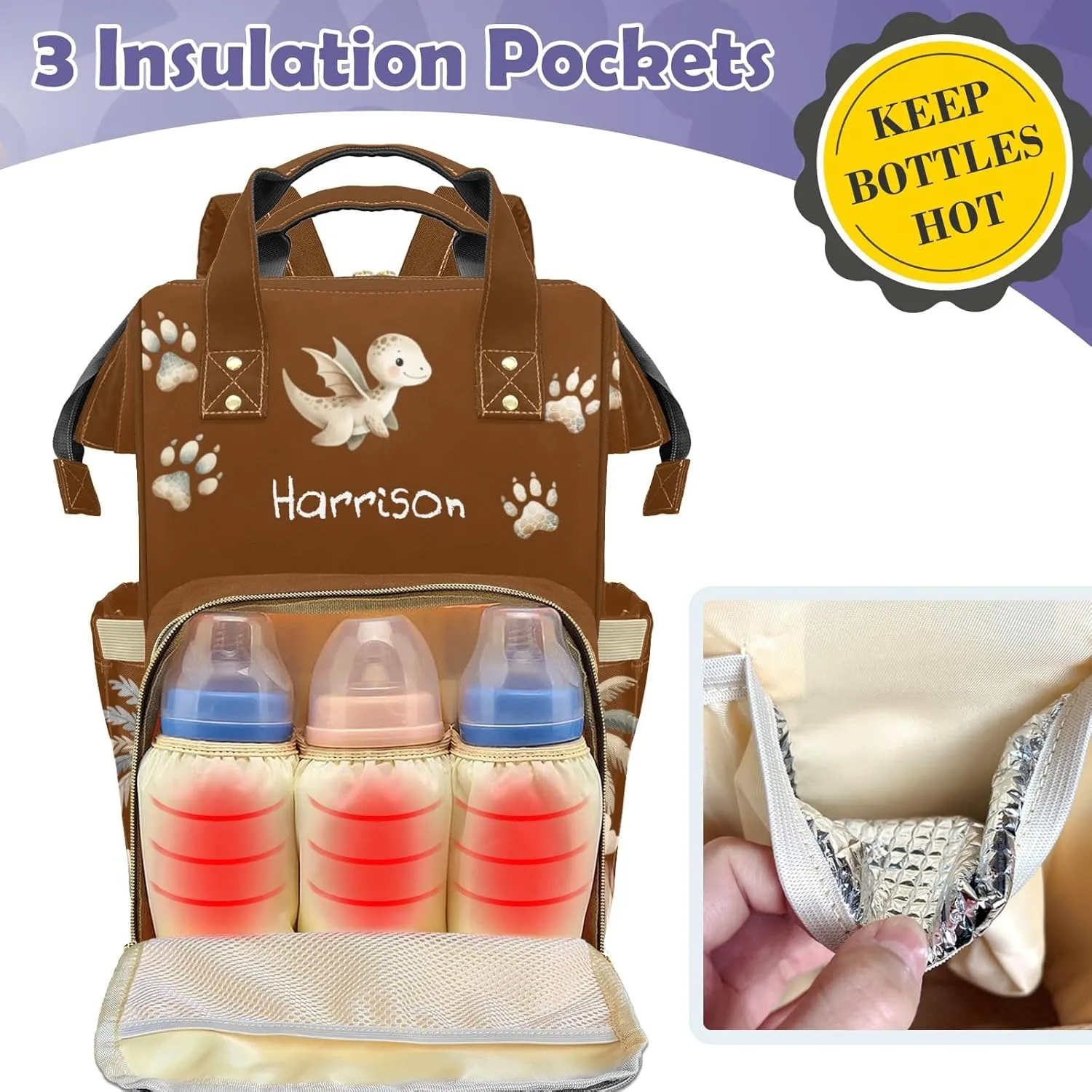 Cute Tropical Dinosaur Large Capacity Custom Diaper Bag for Baby Boy Girl Waterproof Personalized Name Diaper Bag Backpack with Multi-Pocket Customized Mom Travel Daypack for Baby Essentials
