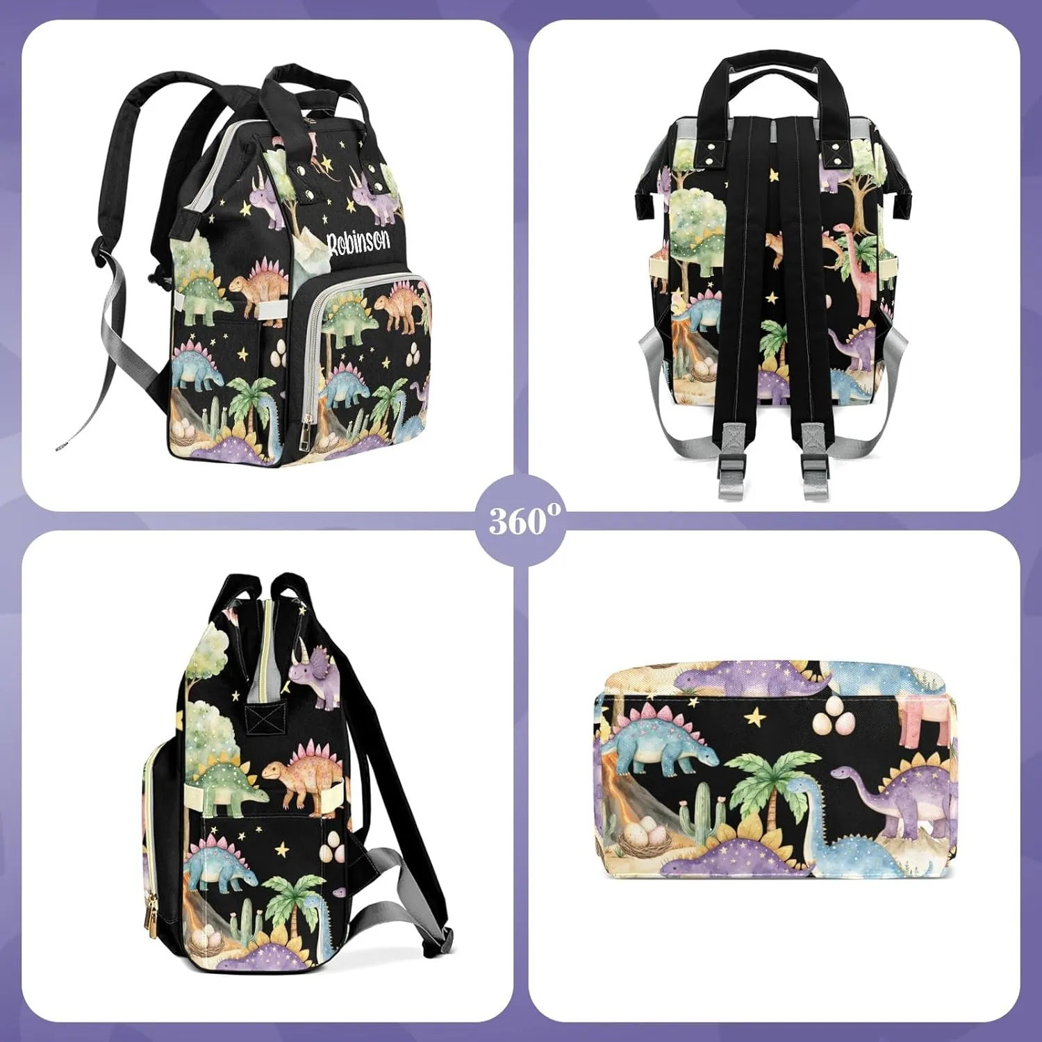 Cute Tropical Dinosaur Large Capacity Custom Diaper Bag for Baby Boy Girl Waterproof Personalized Name Diaper Bag Backpack with Multi-Pocket Customized Mom Travel Daypack for Baby Essentials