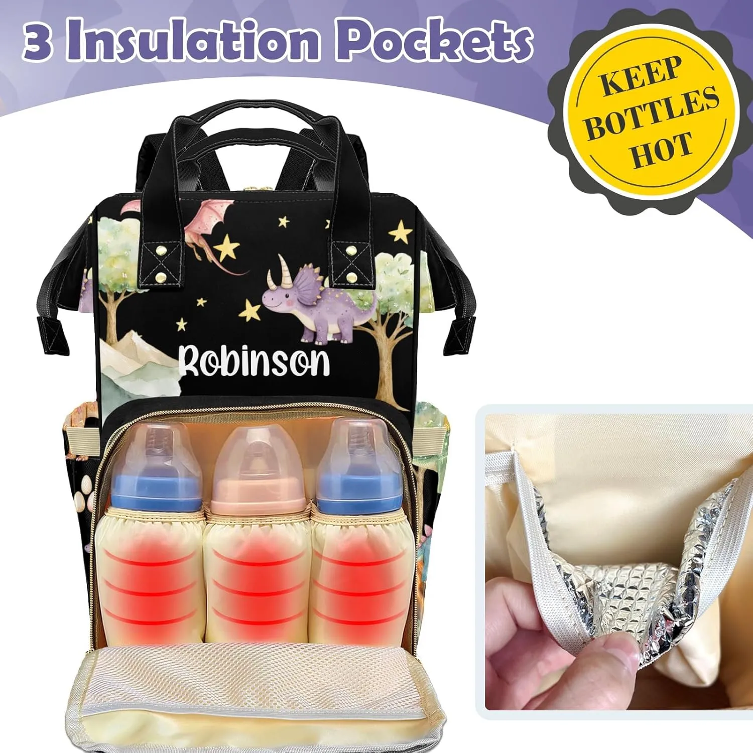 Cute Tropical Dinosaur Large Capacity Custom Diaper Bag for Baby Boy Girl Waterproof Personalized Name Diaper Bag Backpack with Multi-Pocket Customized Mom Travel Daypack for Baby Essentials