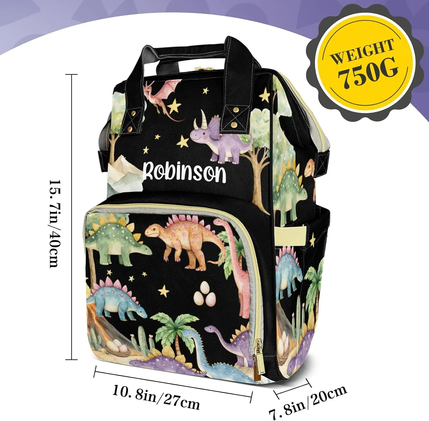 Cute Tropical Dinosaur Large Capacity Custom Diaper Bag for Baby Boy Girl Waterproof Personalized Name Diaper Bag Backpack with Multi-Pocket Customized Mom Travel Daypack for Baby Essentials