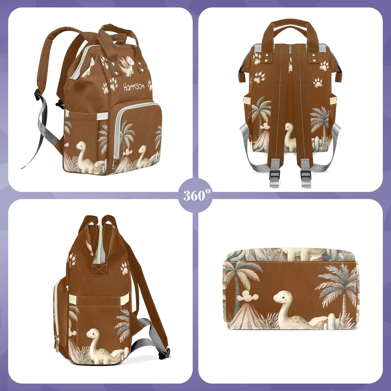 Cute Tropical Dinosaur Large Capacity Custom Diaper Bag for Baby Boy Girl Waterproof Personalized Name Diaper Bag Backpack with Multi-Pocket Customized Mom Travel Daypack for Baby Essentials
