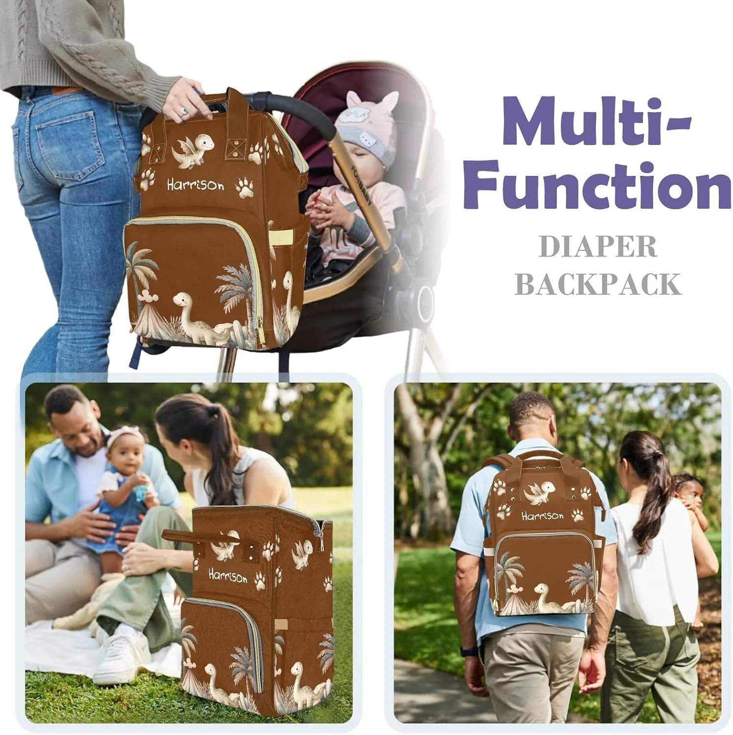 Cute Tropical Dinosaur Large Capacity Custom Diaper Bag for Baby Boy Girl Waterproof Personalized Name Diaper Bag Backpack with Multi-Pocket Customized Mom Travel Daypack for Baby Essentials