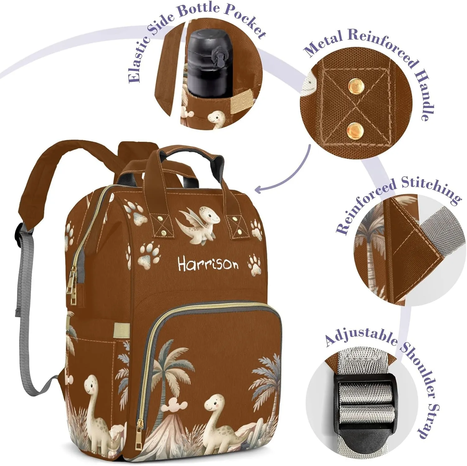 Cute Tropical Dinosaur Large Capacity Custom Diaper Bag for Baby Boy Girl Waterproof Personalized Name Diaper Bag Backpack with Multi-Pocket Customized Mom Travel Daypack for Baby Essentials