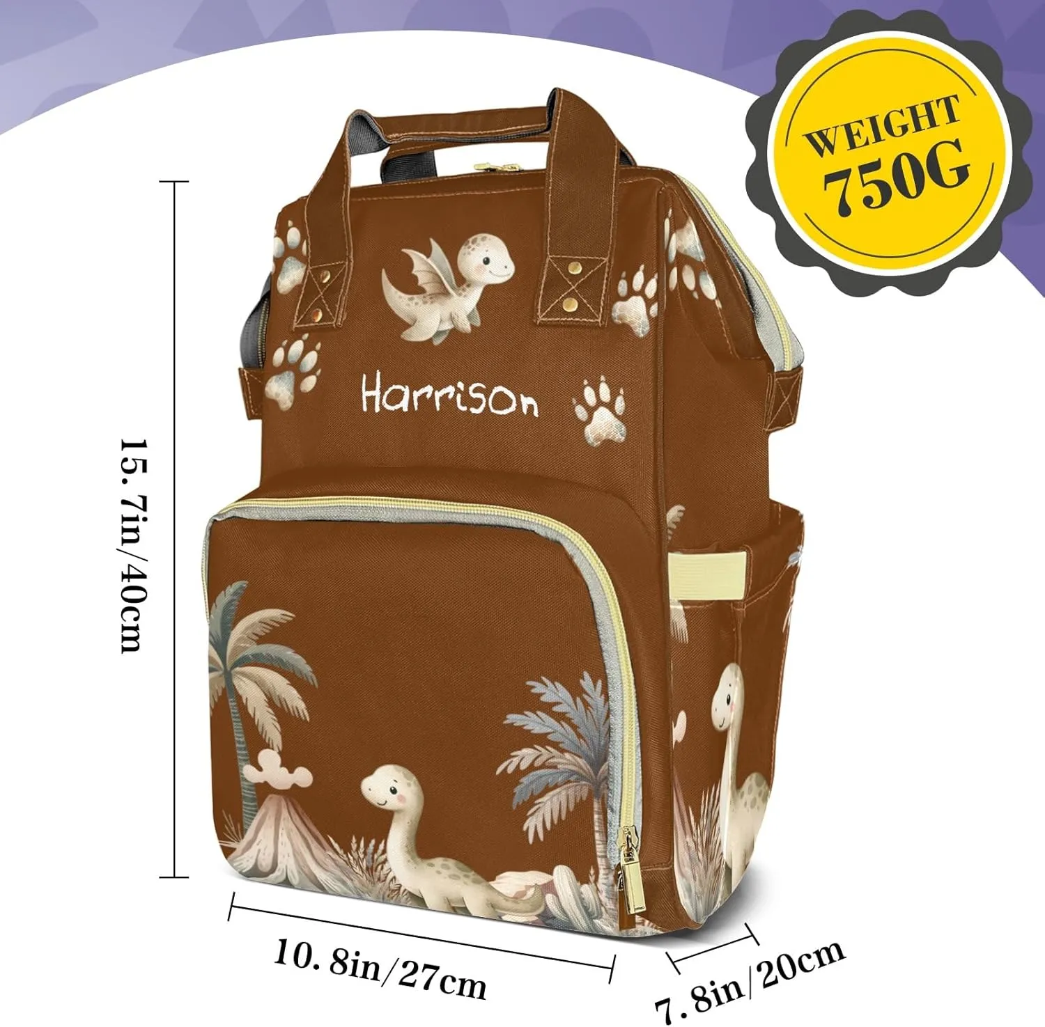 Cute Tropical Dinosaur Large Capacity Custom Diaper Bag for Baby Boy Girl Waterproof Personalized Name Diaper Bag Backpack with Multi-Pocket Customized Mom Travel Daypack for Baby Essentials
