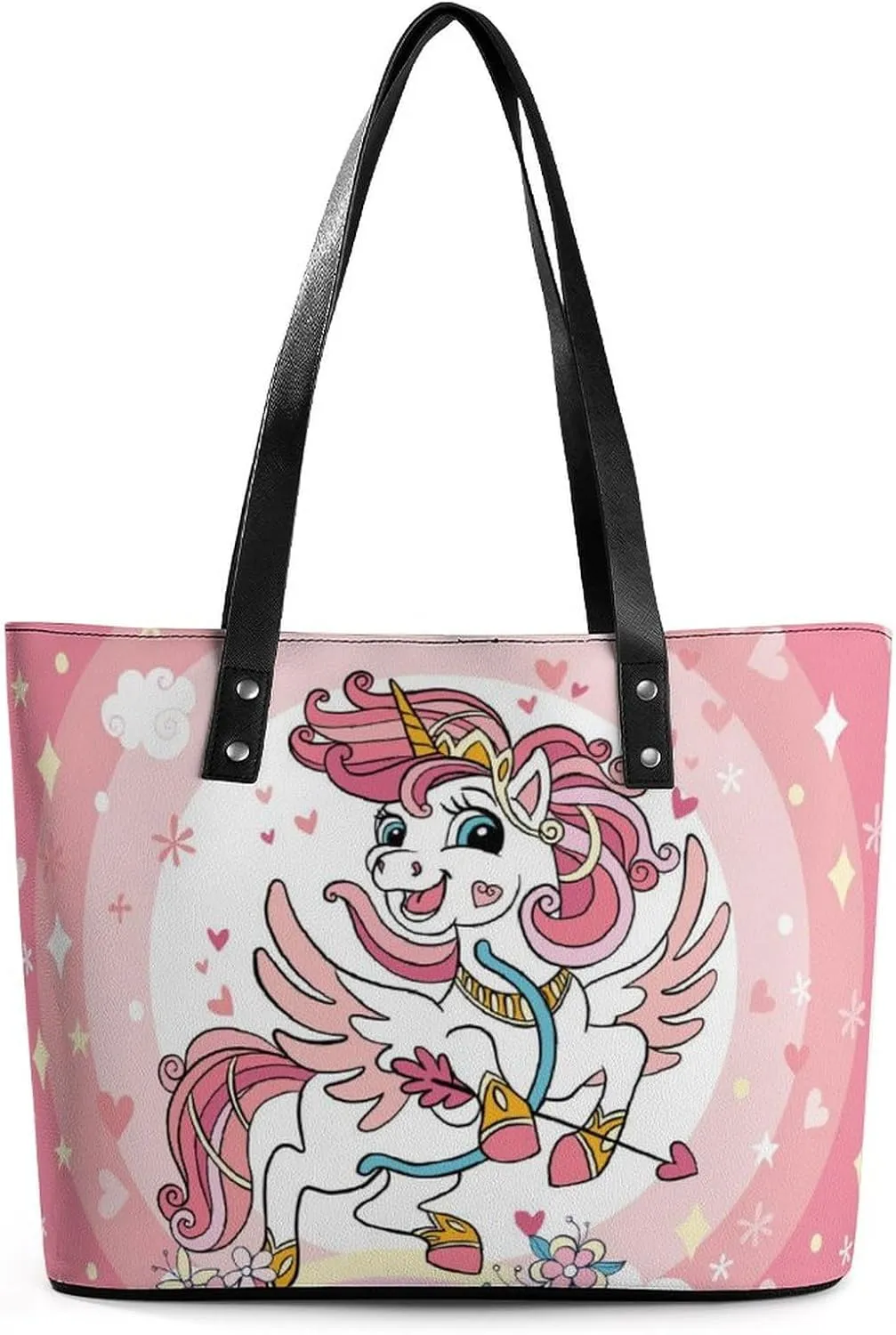 Cute Unicorns Bow Hearts Hobo Handbags With Zipper Large Capacity Satchel Tote Bag Shoulder Bag