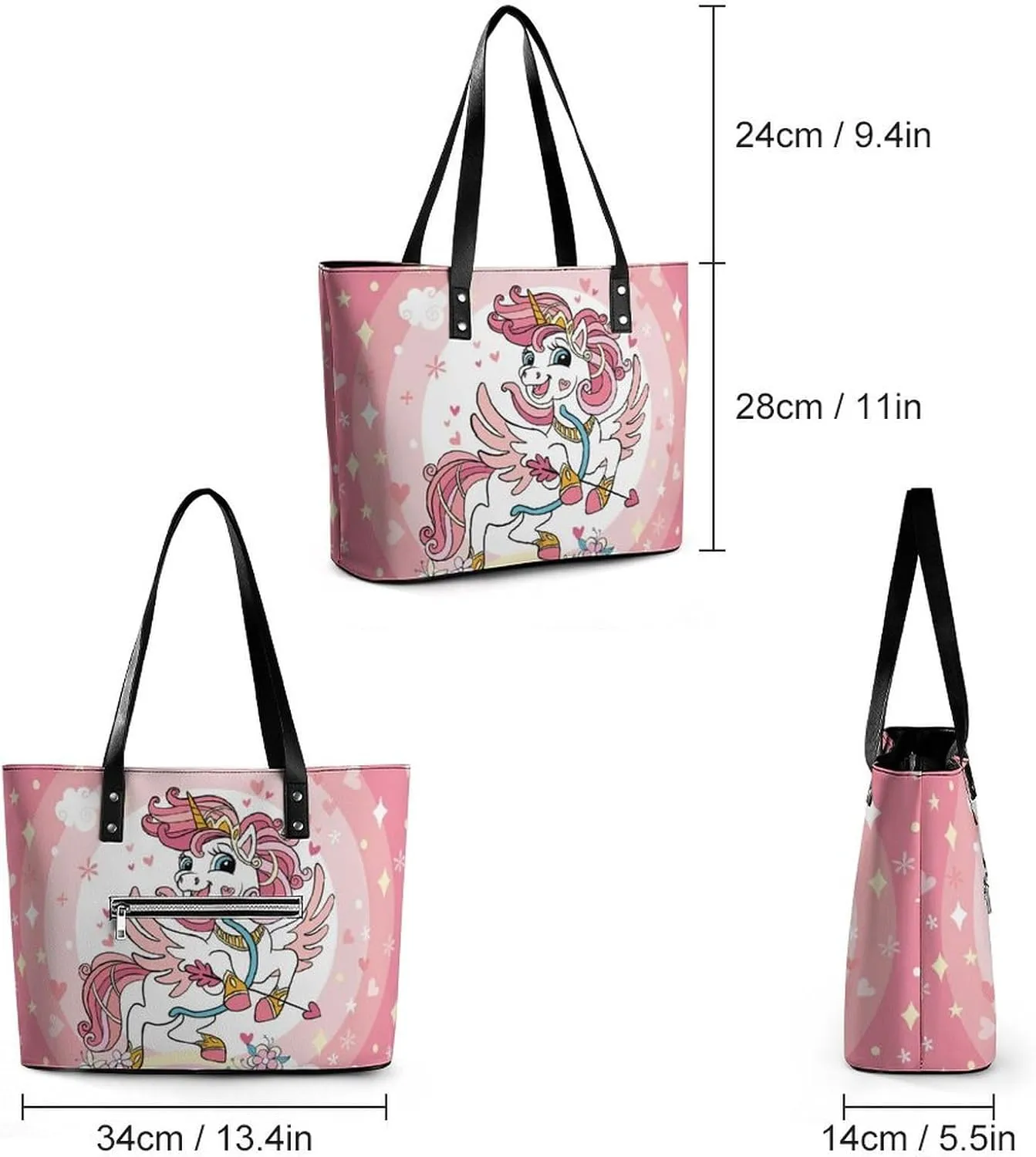 Cute Unicorns Bow Hearts Hobo Handbags With Zipper Large Capacity Satchel Tote Bag Shoulder Bag