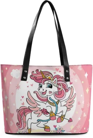 Cute Unicorns Bow Hearts Hobo Handbags With Zipper Large Capacity Satchel Tote Bag Shoulder Bag