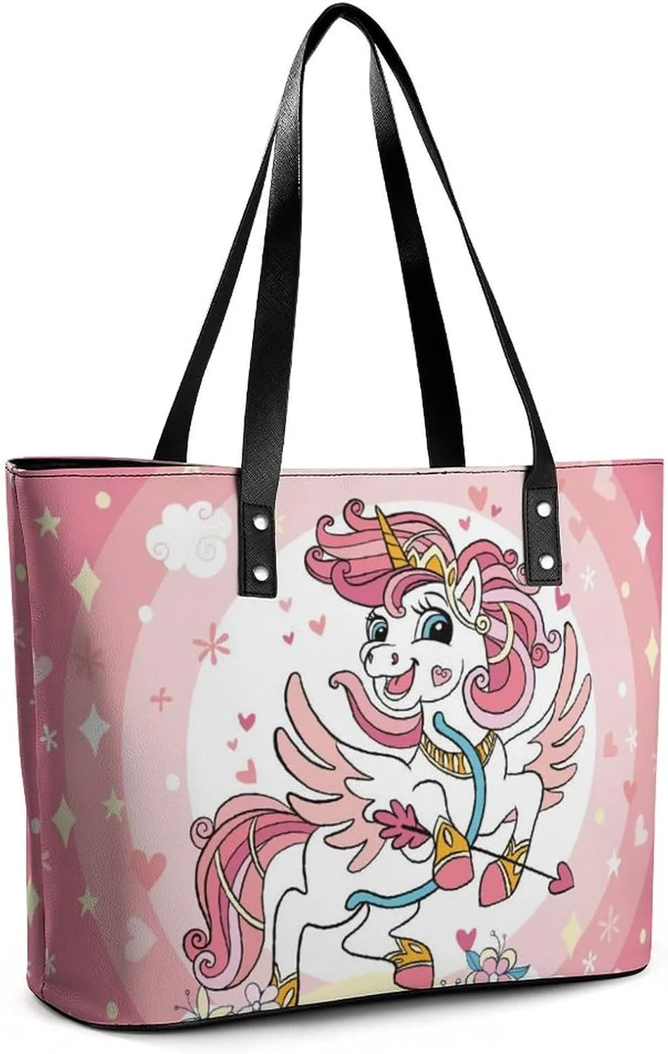 Cute Unicorns Bow Hearts Hobo Handbags With Zipper Large Capacity Satchel Tote Bag Shoulder Bag