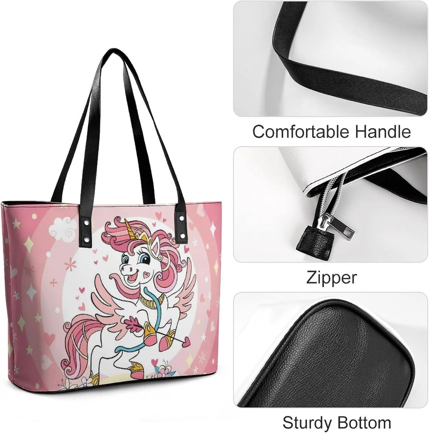Cute Unicorns Bow Hearts Hobo Handbags With Zipper Large Capacity Satchel Tote Bag Shoulder Bag