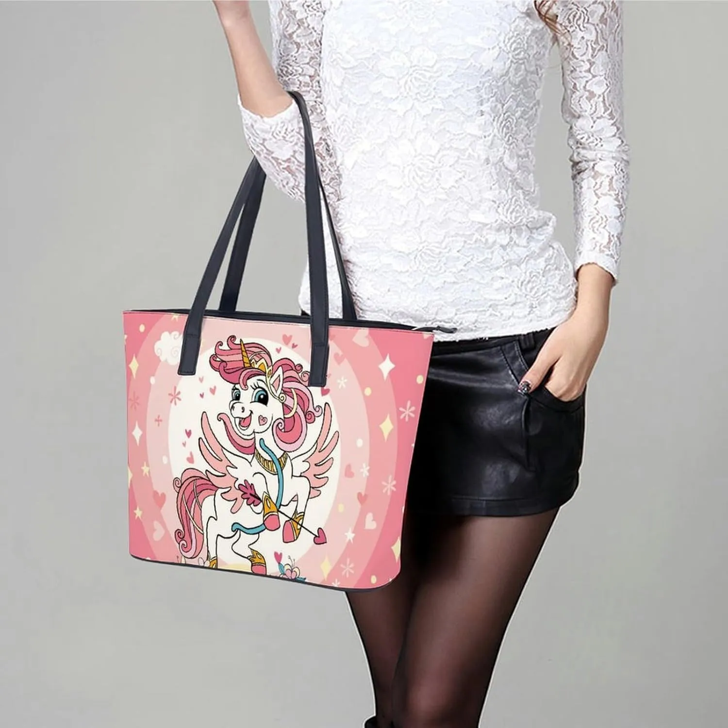 Cute Unicorns Bow Hearts Hobo Handbags With Zipper Large Capacity Satchel Tote Bag Shoulder Bag